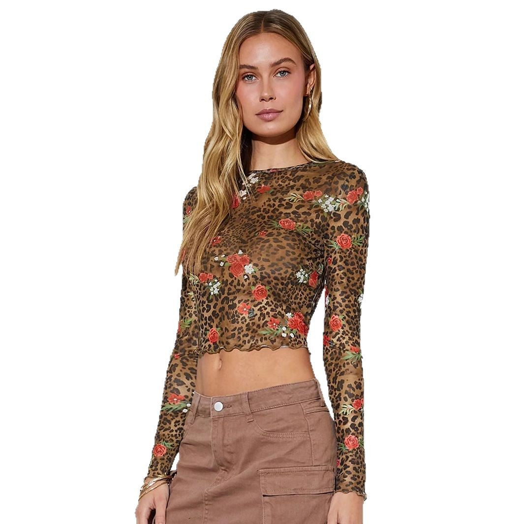 Damen Cropped Langarmshirt mit einzigartigem Leoparden- und Blumenmuster R&B