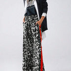 Damen weite Leinenhose mit modischem Leopardenmuster und kontrastierendem Streifen R&B