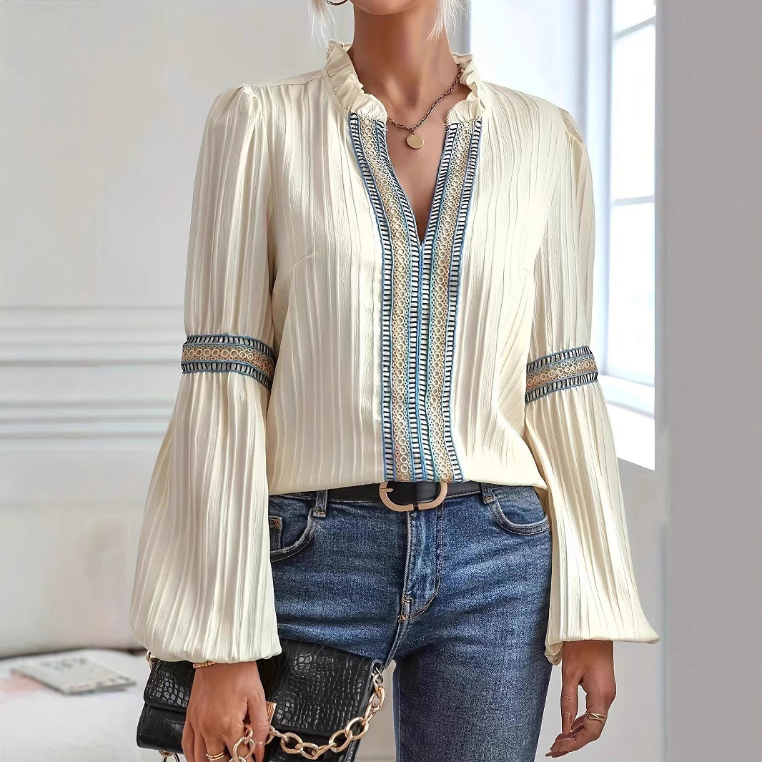 Damen elegante Bluse mit Rüschendetails und Stickereien R&B