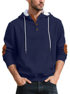 Herren nan strukturierter Kapuzen-Henley-Pullover mit Jacquardstruktur, Knopfleiste und Ellenbogenpatches R&B