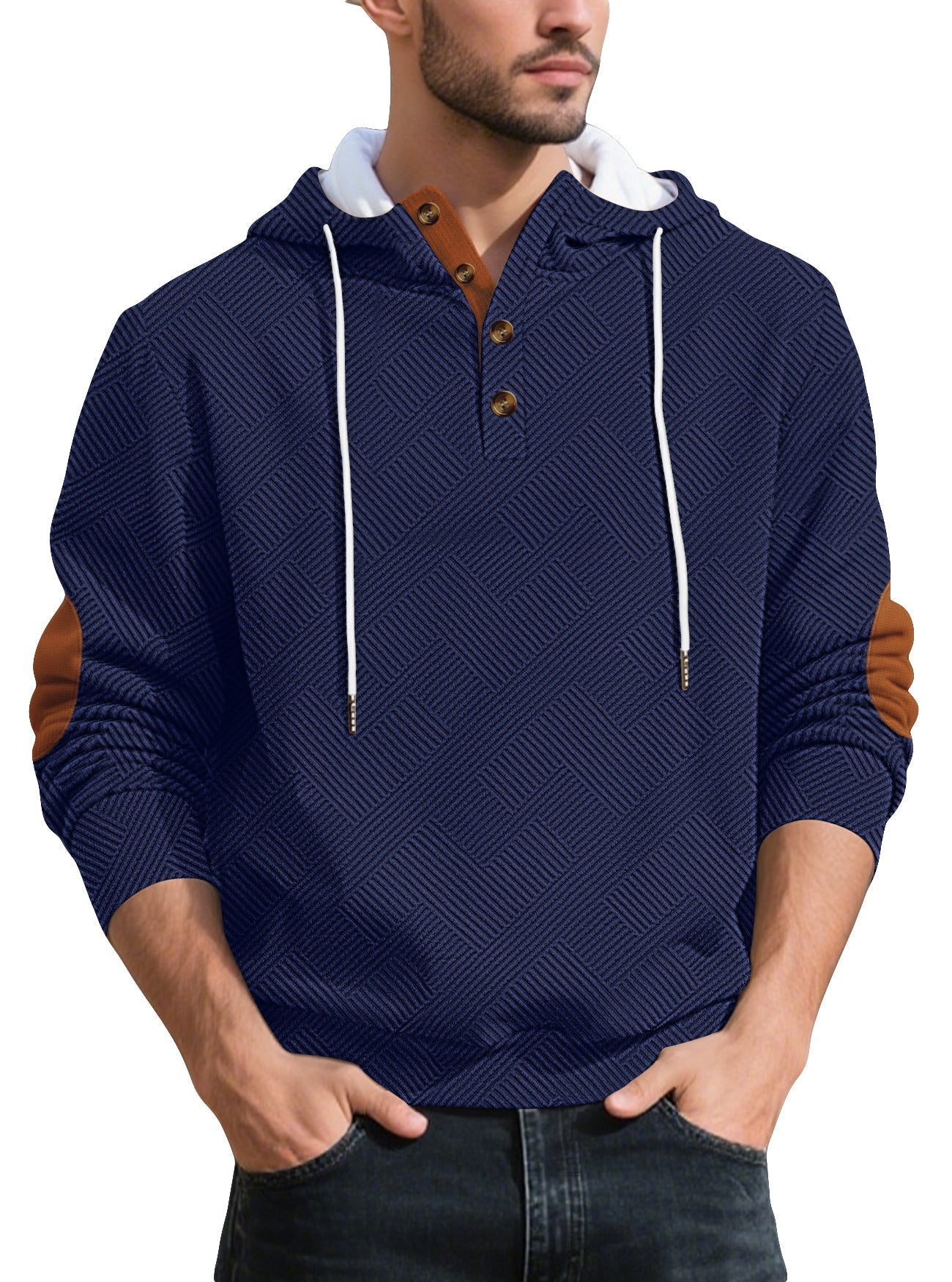 Herren nan strukturierter Kapuzen-Henley-Pullover mit Jacquardstruktur, Knopfleiste und Ellenbogenpatches R&B