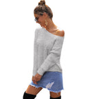 Damen Eleganter und lockerer Pullover mit Schulterfreiem Design und Perlenverzierung R&B