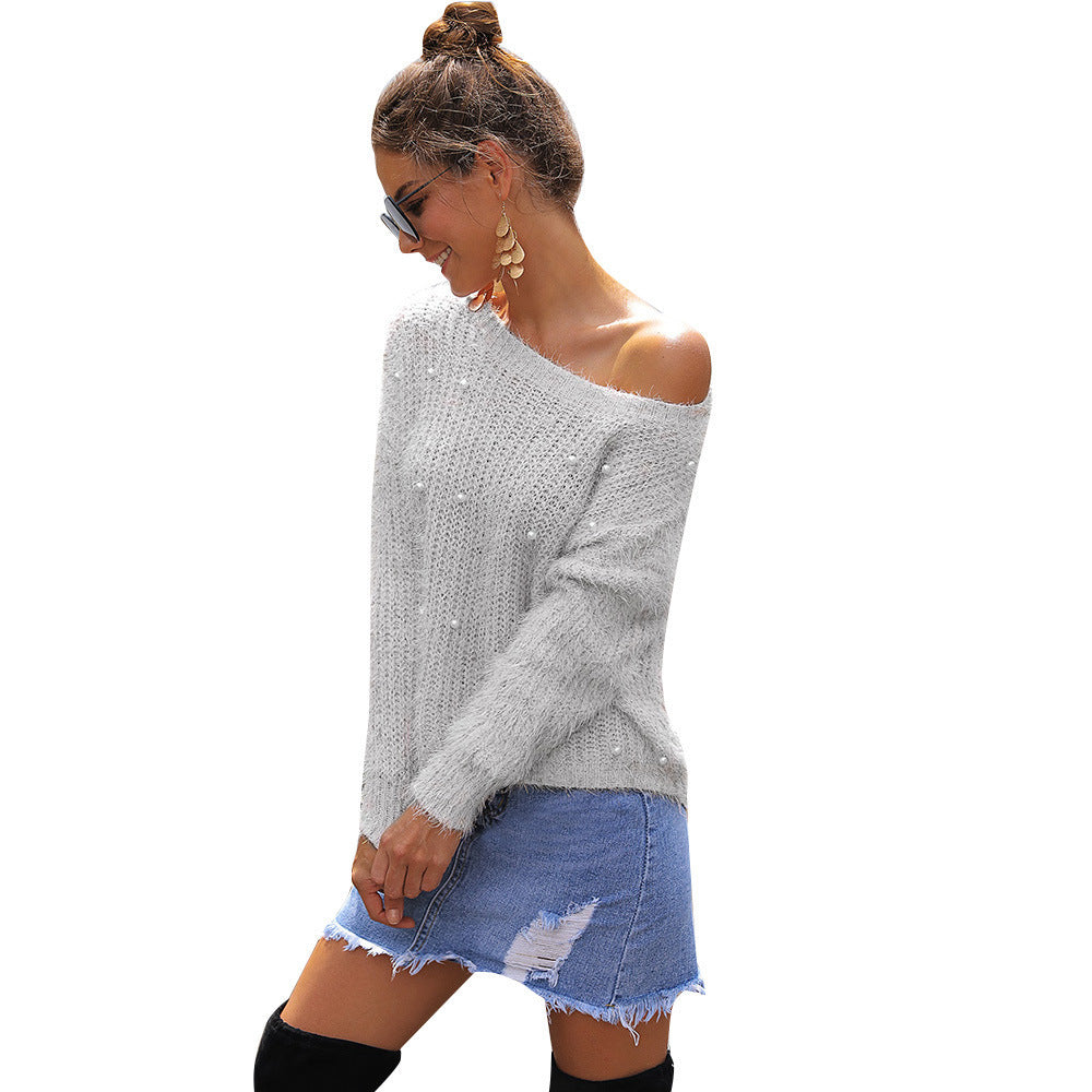 Damen Eleganter und lockerer Pullover mit Schulterfreiem Design und Perlenverzierung R&B