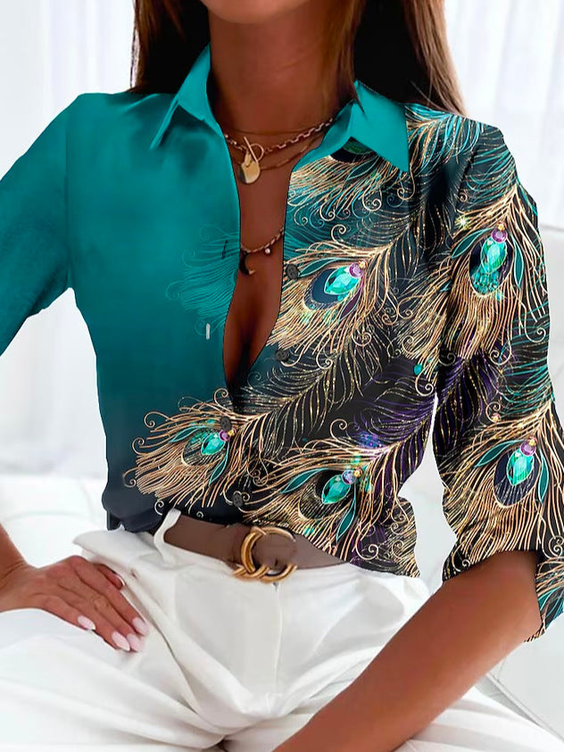 Damen Elegantes Hemd mit Pfauenmuster und modernen Akzenten R&B
