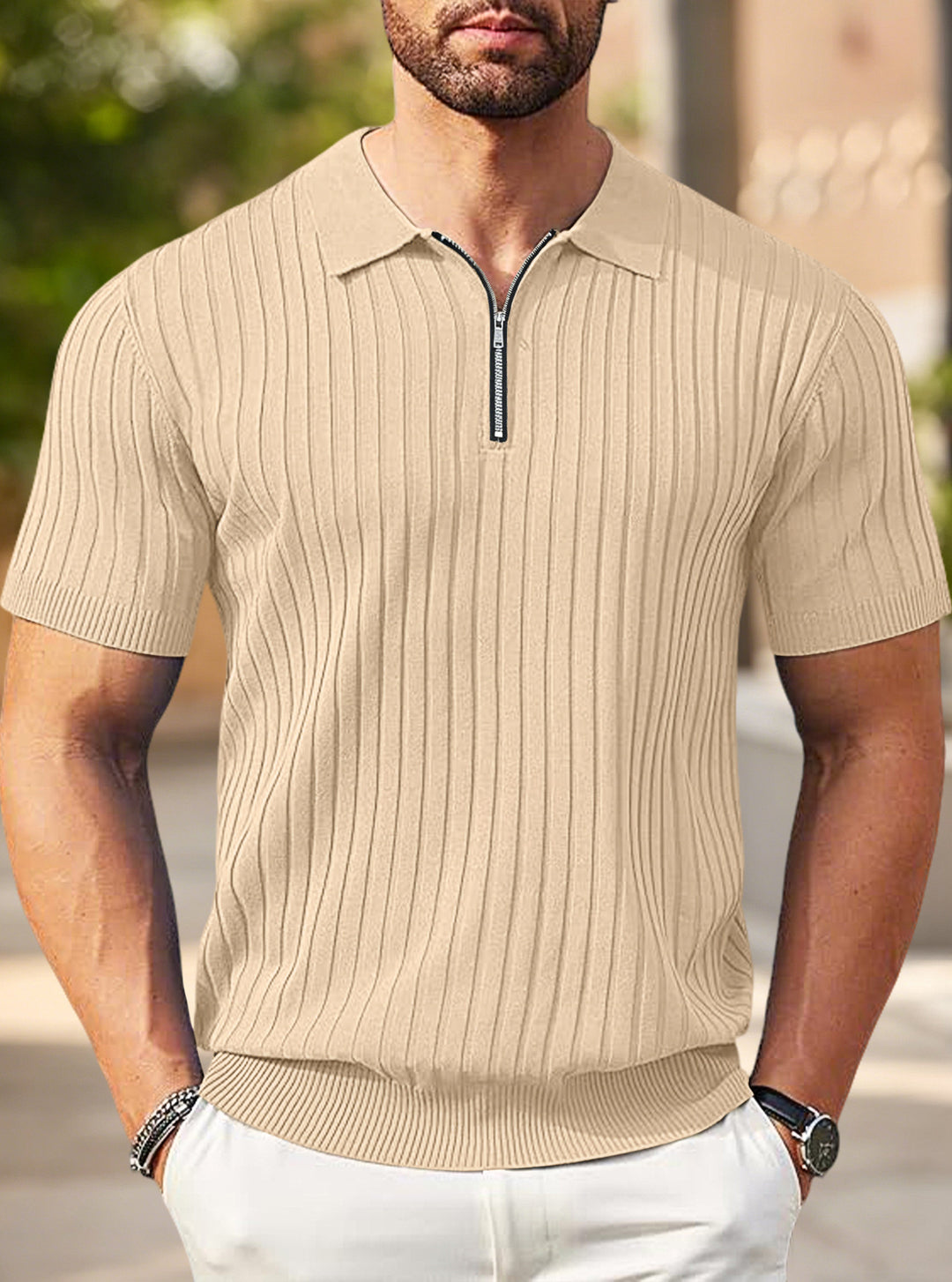 Herren nan elegantes strukturiertes Kurzarm-Strickpolo mit kurzem Metallreißverschluss und Hemdkragen R&B