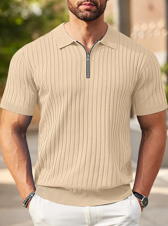 Herren nan elegantes strukturiertes Kurzarm-Strickpolo mit kurzem Metallreißverschluss und Hemdkragen R&B