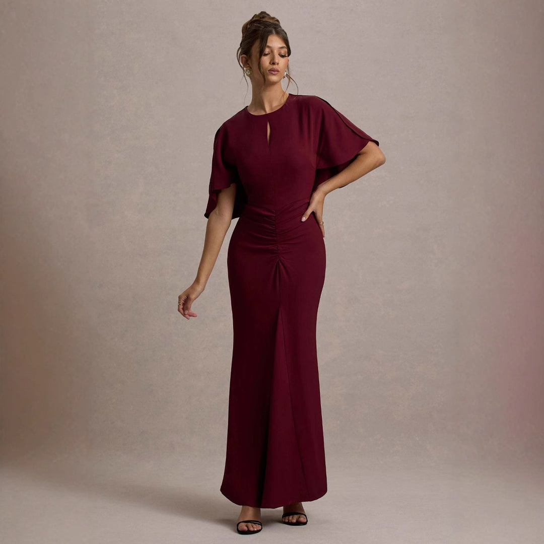 Damen Maxikleid mit eleganten Volantärmeln und taillierter Raffung R&B