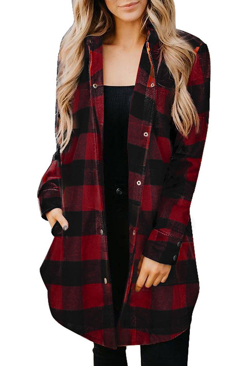 Damen lässige Longbluse im Karo-Design mit Knopfleiste R&B