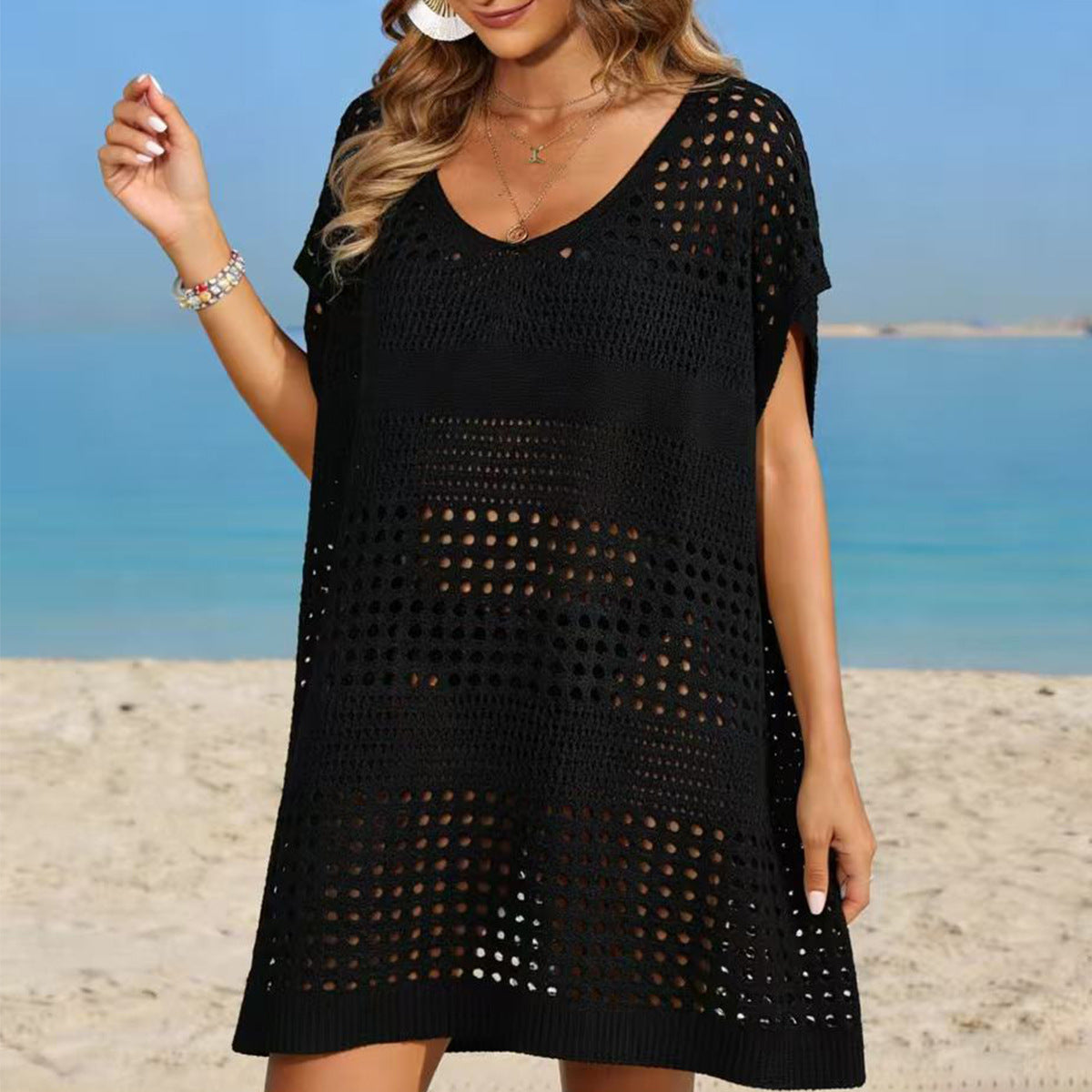Damen luftiger Häkel-Strandüberwurf mit modischem Lochmuster R&B
