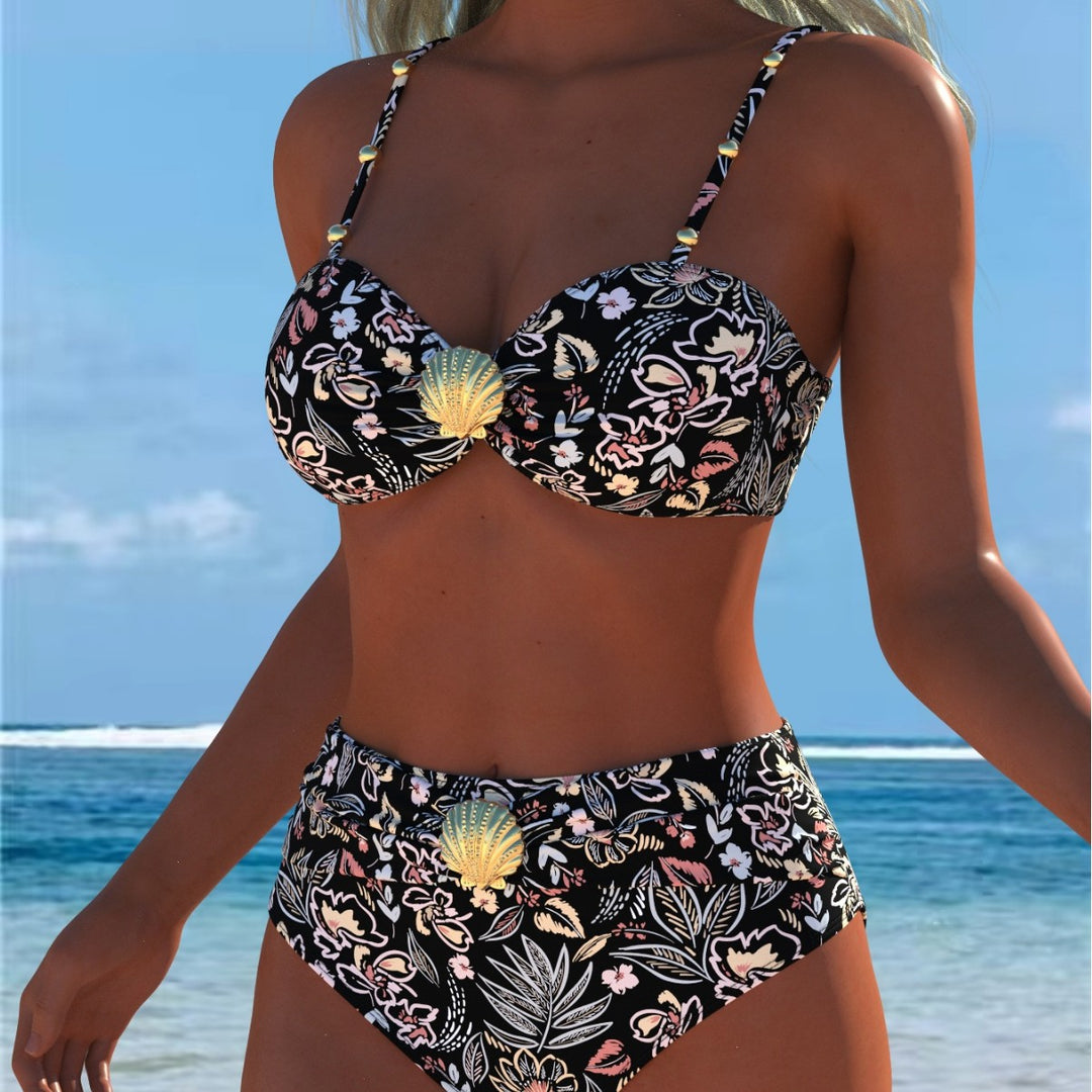 Damen Balconette-Bikini mit hohem Taillen-Schnitt und dekorativem Muschel-Detail R&B