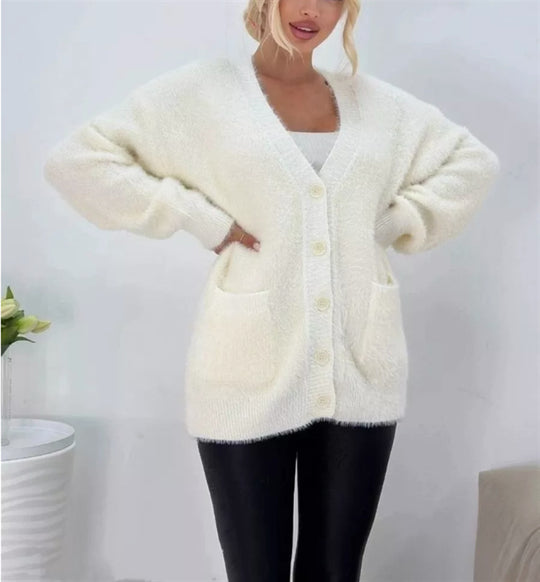 Damen Flauschiger Cardigan mit großen Taschen und lockerer Passform R&B