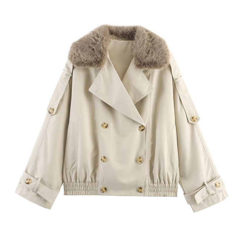 Damen modische Jacke mit kunstvollem Fellkragen und doppelter Knopfblende R&B