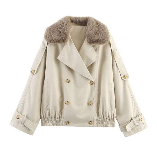 Damen modische Jacke mit kunstvollem Fellkragen und doppelter Knopfblende R&B