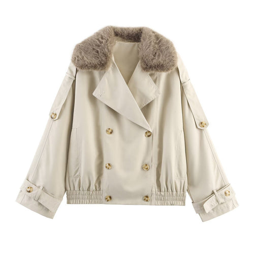 Damen modische Jacke mit kunstvollem Fellkragen und doppelter Knopfblende R&B