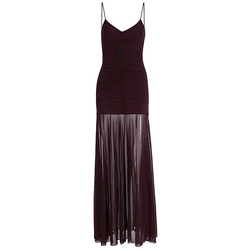 Damen Elegantes Langarm-Maxikleid mit transparentem Rock R&B