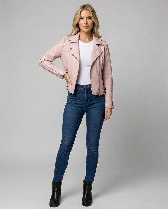 Damen taillierte Kunstleder-Bikerjacke mit asymmetrischem Reißverschluss und Reverskragen R&B
