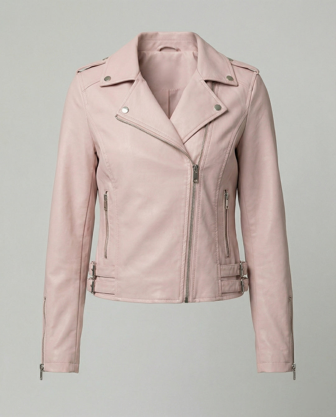 Damen taillierte Kunstleder-Bikerjacke mit asymmetrischem Reißverschluss und Reverskragen R&B