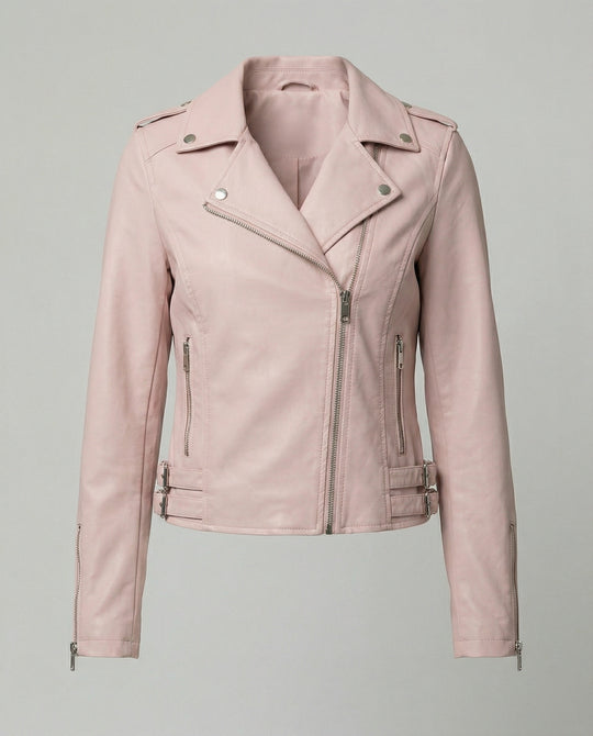 Damen taillierte Kunstleder-Bikerjacke mit asymmetrischem Reißverschluss und Reverskragen R&B