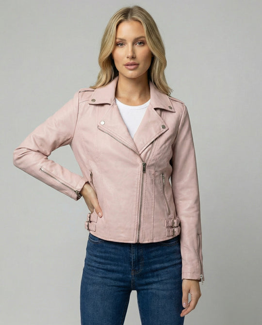 Damen taillierte Kunstleder-Bikerjacke mit asymmetrischem Reißverschluss und Reverskragen R&B