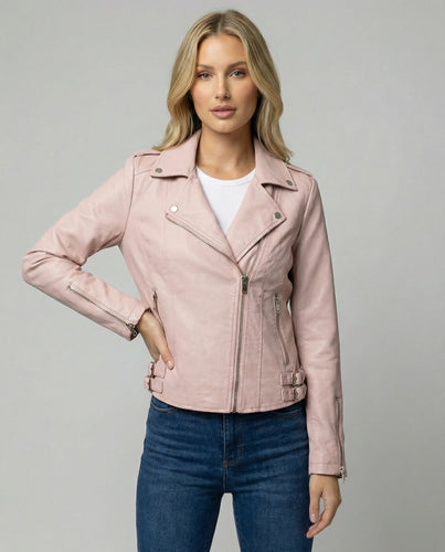 Damen taillierte Kunstleder-Bikerjacke mit asymmetrischem Reißverschluss und Reverskragen R&B
