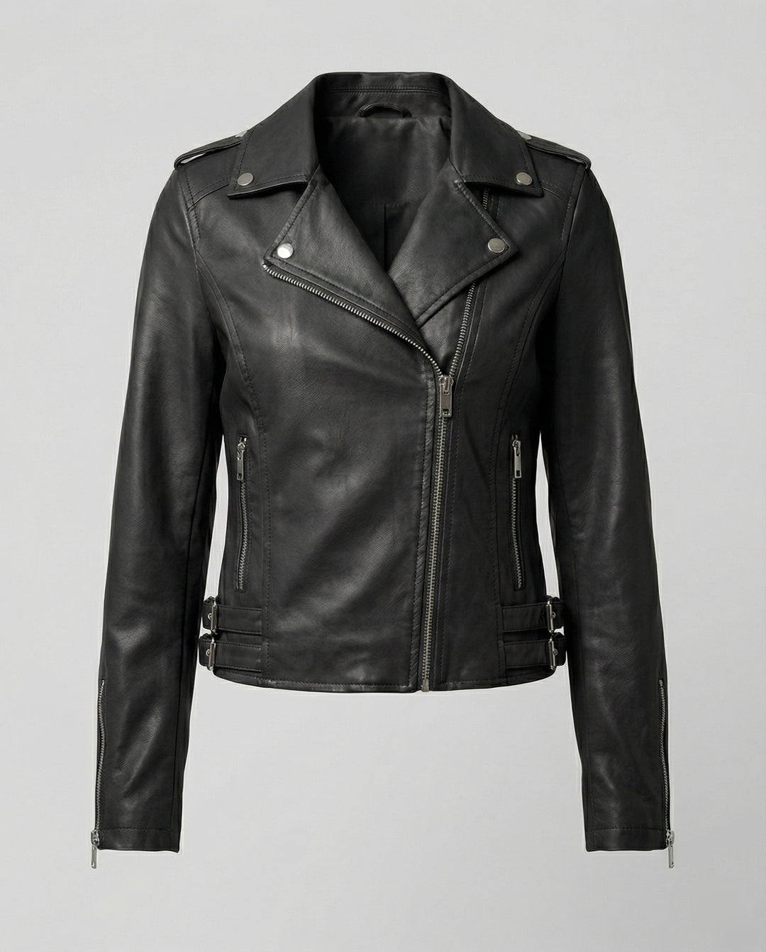Damen taillierte Kunstleder-Bikerjacke mit asymmetrischem Reißverschluss und Reverskragen R&B