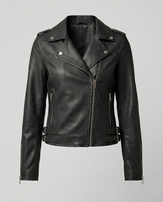 Damen taillierte Kunstleder-Bikerjacke mit asymmetrischem Reißverschluss und Reverskragen R&B