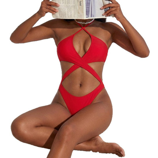 Damen Cut-Out Badeanzug mit überkreuzten Trägern und tiefem V-Ausschnitt R&B