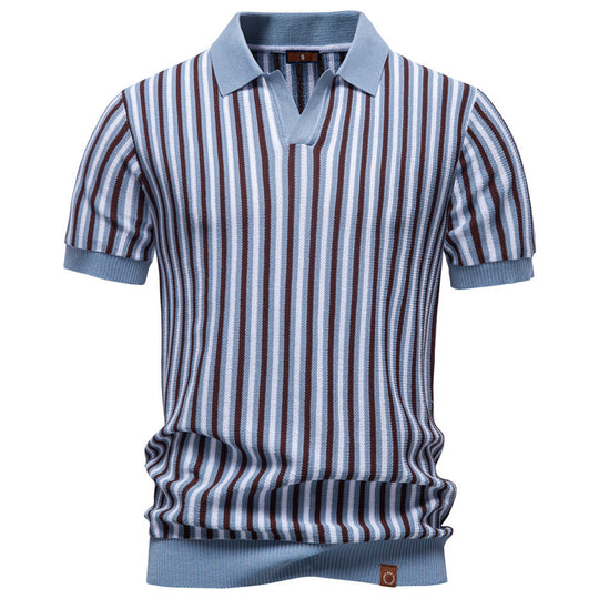 Herren nan gestreiftes Strickpoloshirt kurzarm aus feiner Baumwollmischung mit Polokragen und Rippbündchen R&B