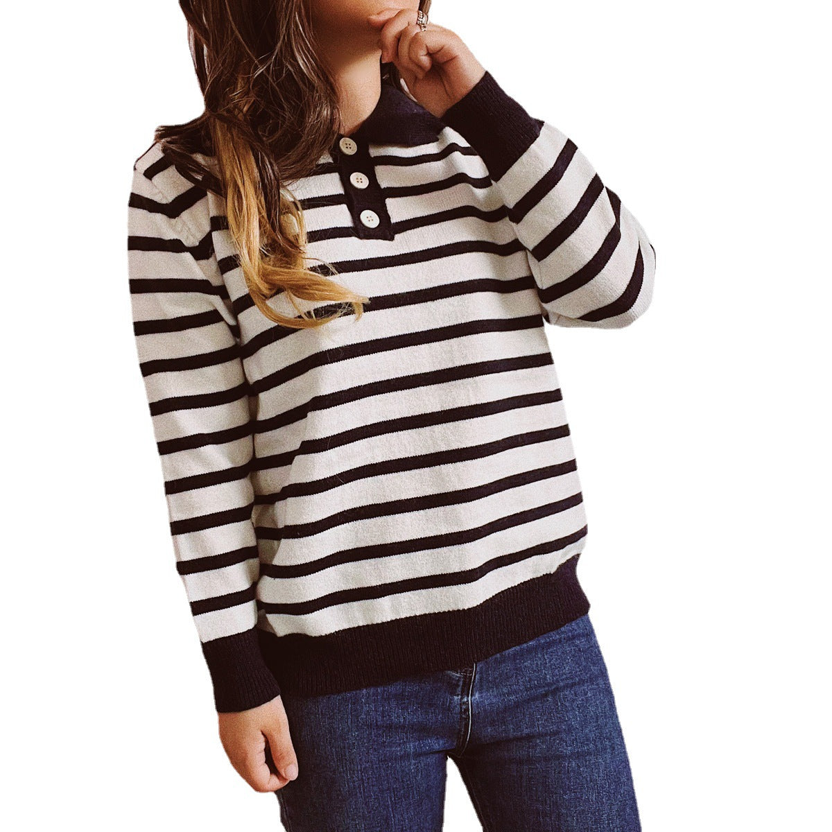 Damen legerer Streifenpullover mit Knopfleiste und weitem Schnitt R&B