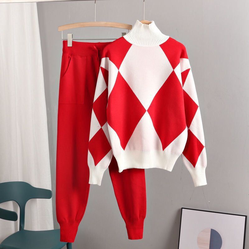 Damen stylisches Freizeitstrickset mit hohem Kragen R&B