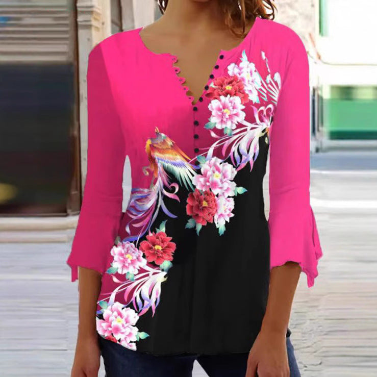Damen nan V-Ausschnitt Tunika-Bluse mit floralem Vogelmuster, dreiviertel-Volantärmeln und figurumspielendem Saum R&B
