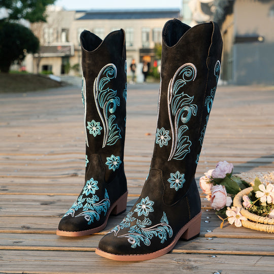 Damen Cowboy-Stiefel mit handgefertigten floralen Details und bequemem Blockabsatz R&B