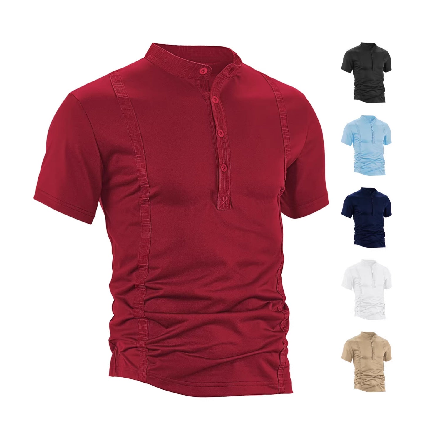 Herren nan Kurzarm-Stehkragenshirt mit verdeckter Knopfleiste, Zierpaspeln und figurbetonter Silhouette R&B