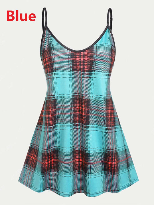 Damen Swing-Kleid mit kariertem Muster und verstellbaren Spaghettiträgern R&B