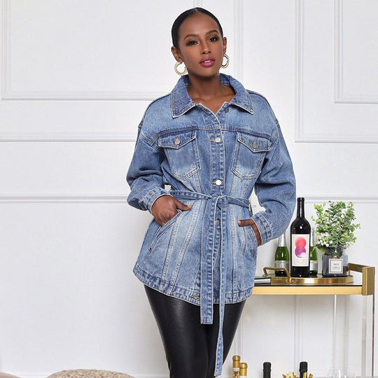 Damen Denim-Jacke mit Gürteldetail und lässigem Schnitt R&B