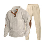 Herren nan gerippter Henley-Freizeitanzug mit dekorativer Knopfleiste und Wildleder-Ellenbogenpatch konisch geschnittene Jogginghose R&B