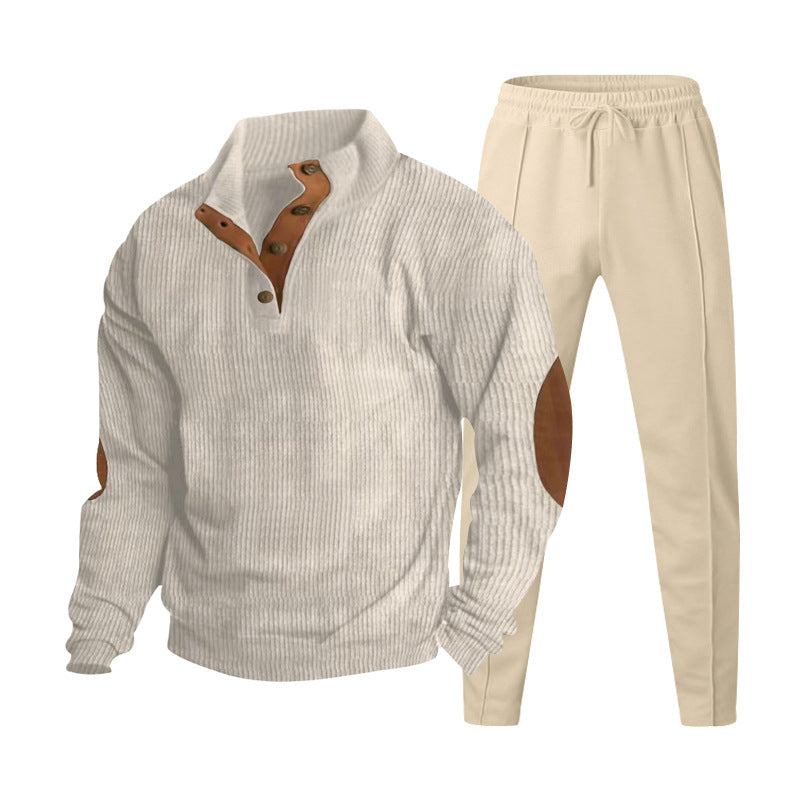 Herren nan gerippter Henley-Freizeitanzug mit dekorativer Knopfleiste und Wildleder-Ellenbogenpatch konisch geschnittene Jogginghose R&B