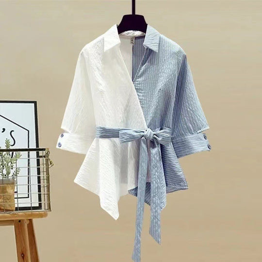 Damen Zweiteiliges Set mit lockerem, gestreiften Oberteil und weiter Jeans-Hose R&B