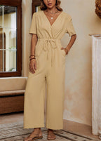 Damen lässiger Jumpsuit mit Taillengürtel und weitem Bein R&B