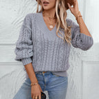 Damen Grobstrickpullover mit V-Ausschnitt und Zopfmuster