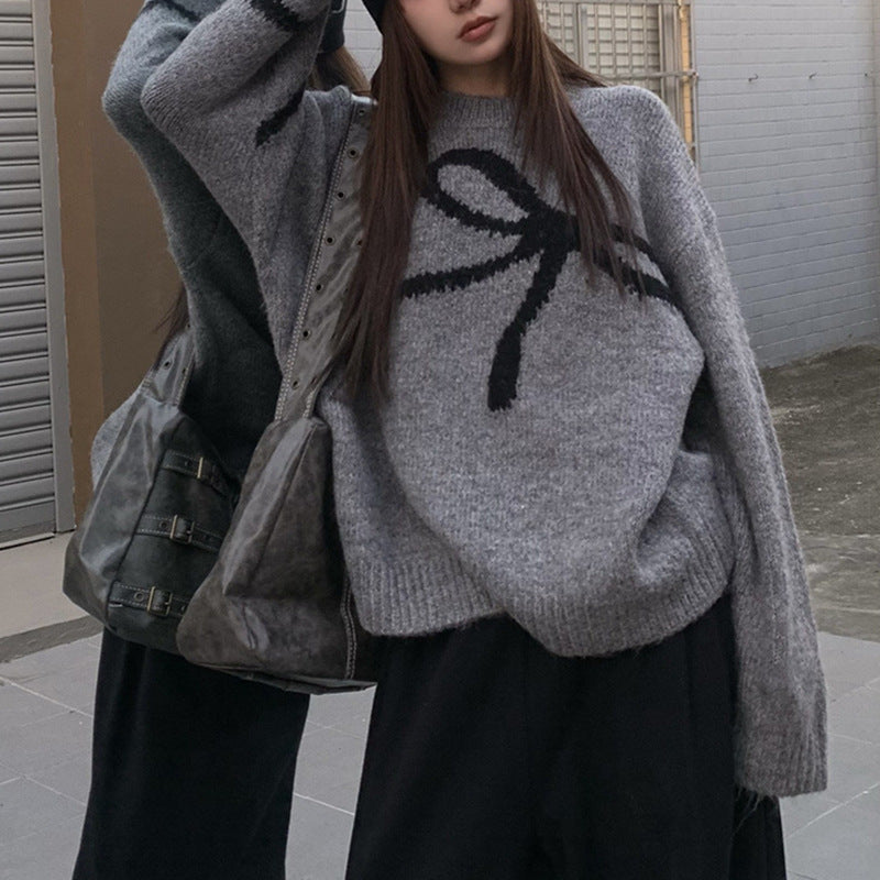 Damen Strickpullover mit modischem Schleifenmuster