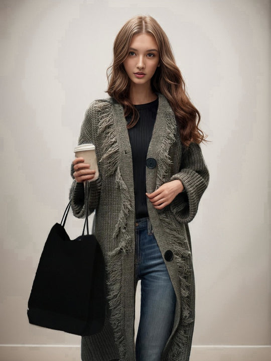 Damen lässiger Strickmantel mit fransigen Abschlüssen und großzügigen Taschen R&B