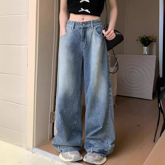 Damen Weite Denim-Hose mit hohem Taillenbund und lässigem Schnitt R&B