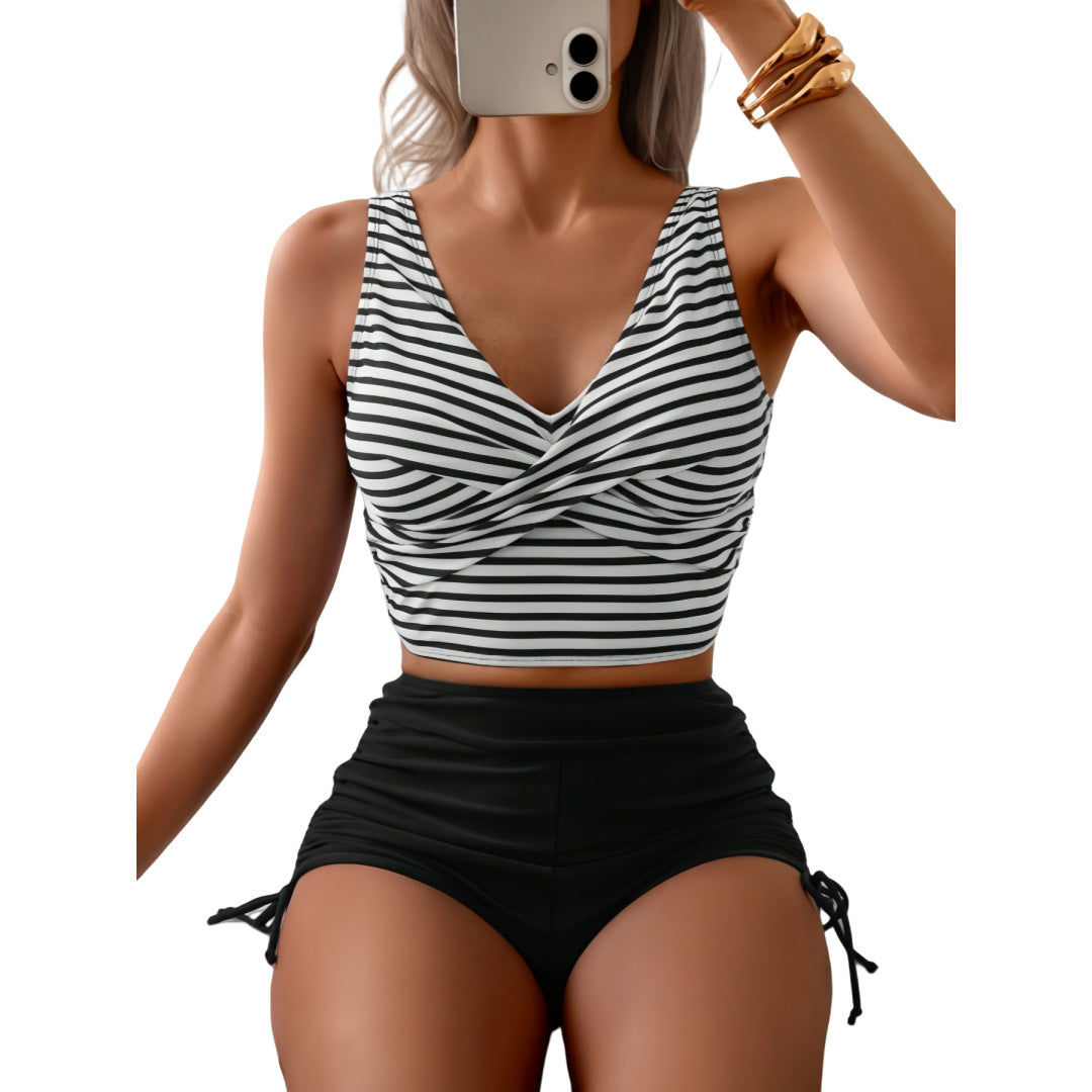 Damen Crop-Top und hochgeschnittene Shorts mit Wickeldesign R&B