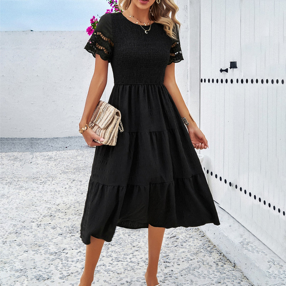 Damen Midikleid mit Puffärmeln und Elastischem Oberteil R&B
