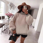 Damen lässiger Grobstrickpullover mit voluminösen Ärmeln und hohem Kragen R&B