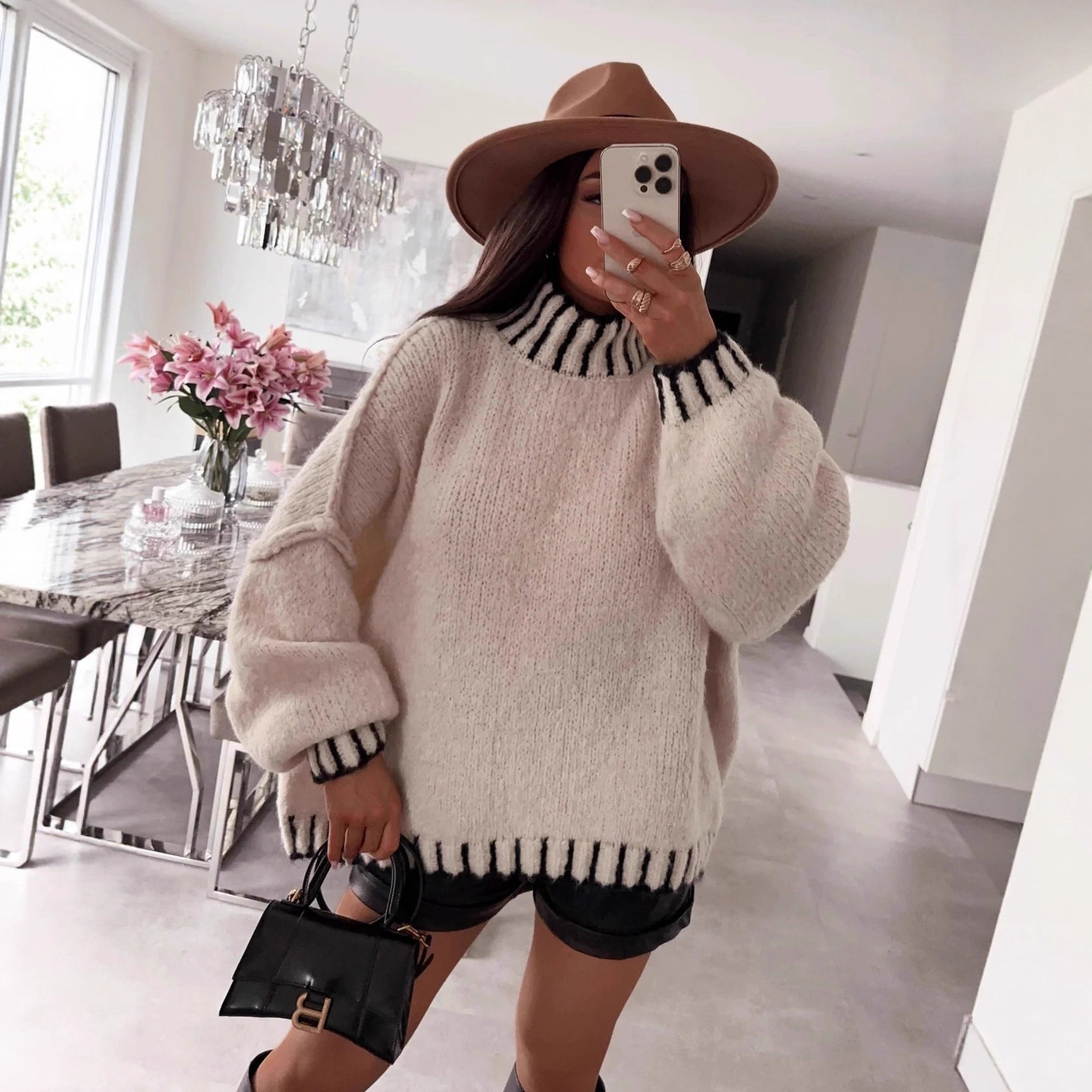 Damen lässiger Grobstrickpullover mit voluminösen Ärmeln und hohem Kragen R&B