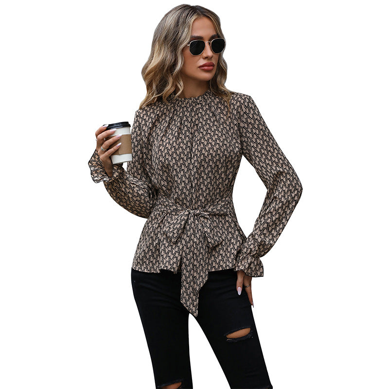 Damen elegante Bluse mit raffiniertem Bindegürtel und langen Ärmeln R&B
