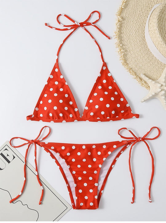 Damen Triangel-Bikini mit hochwertigem Punktmuster und verstellbaren Bändern R&B