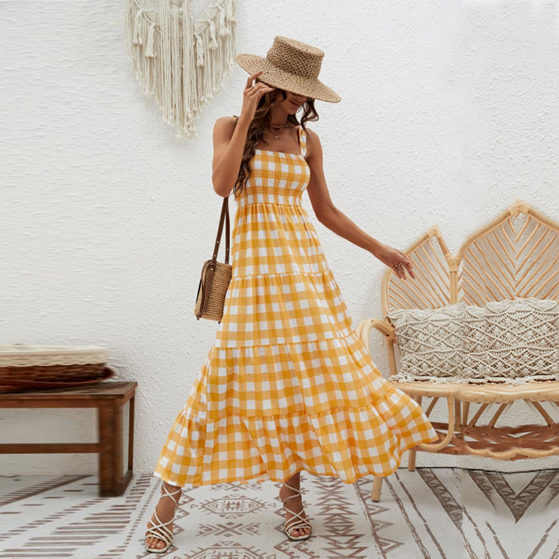 Damen Maxikleid mit Karo-Muster und elastischem Oberteil R&B